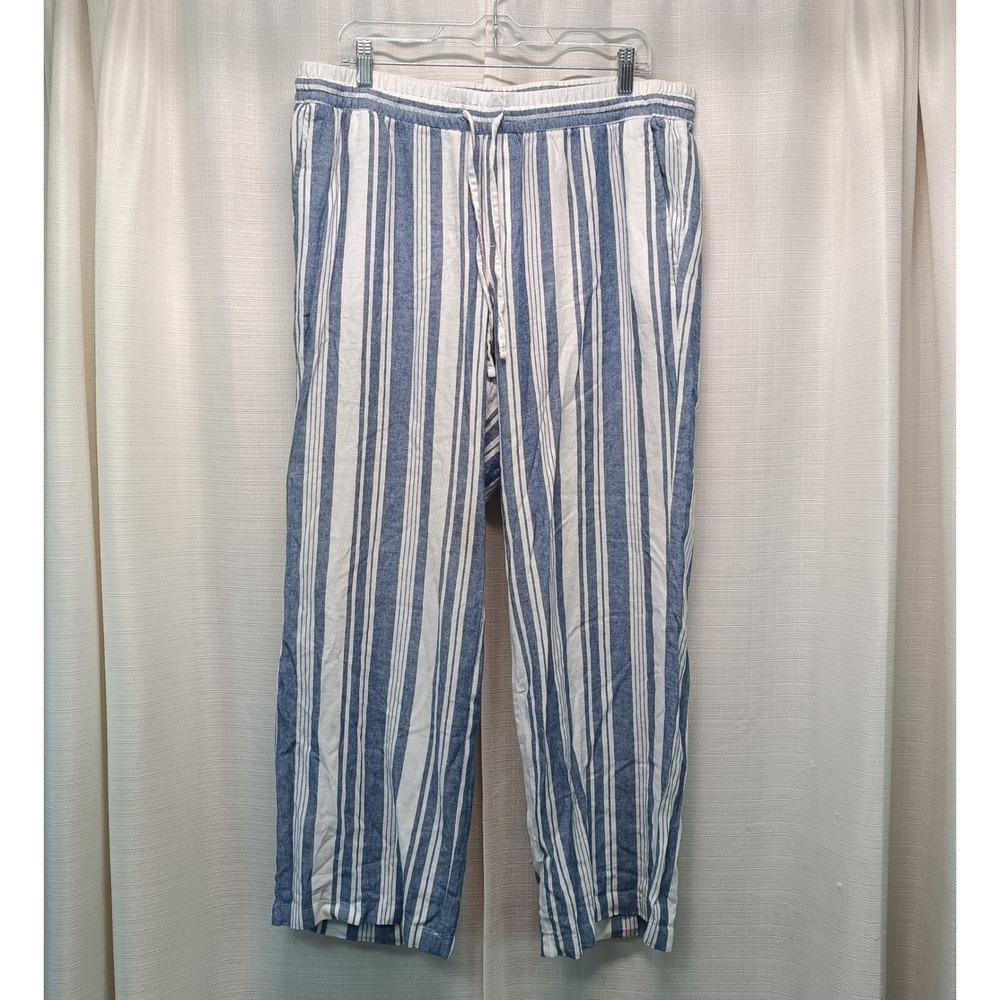 Old Navy Womens L Blue White Striped Linen Blend Drawstring Relaxed Pants Casual